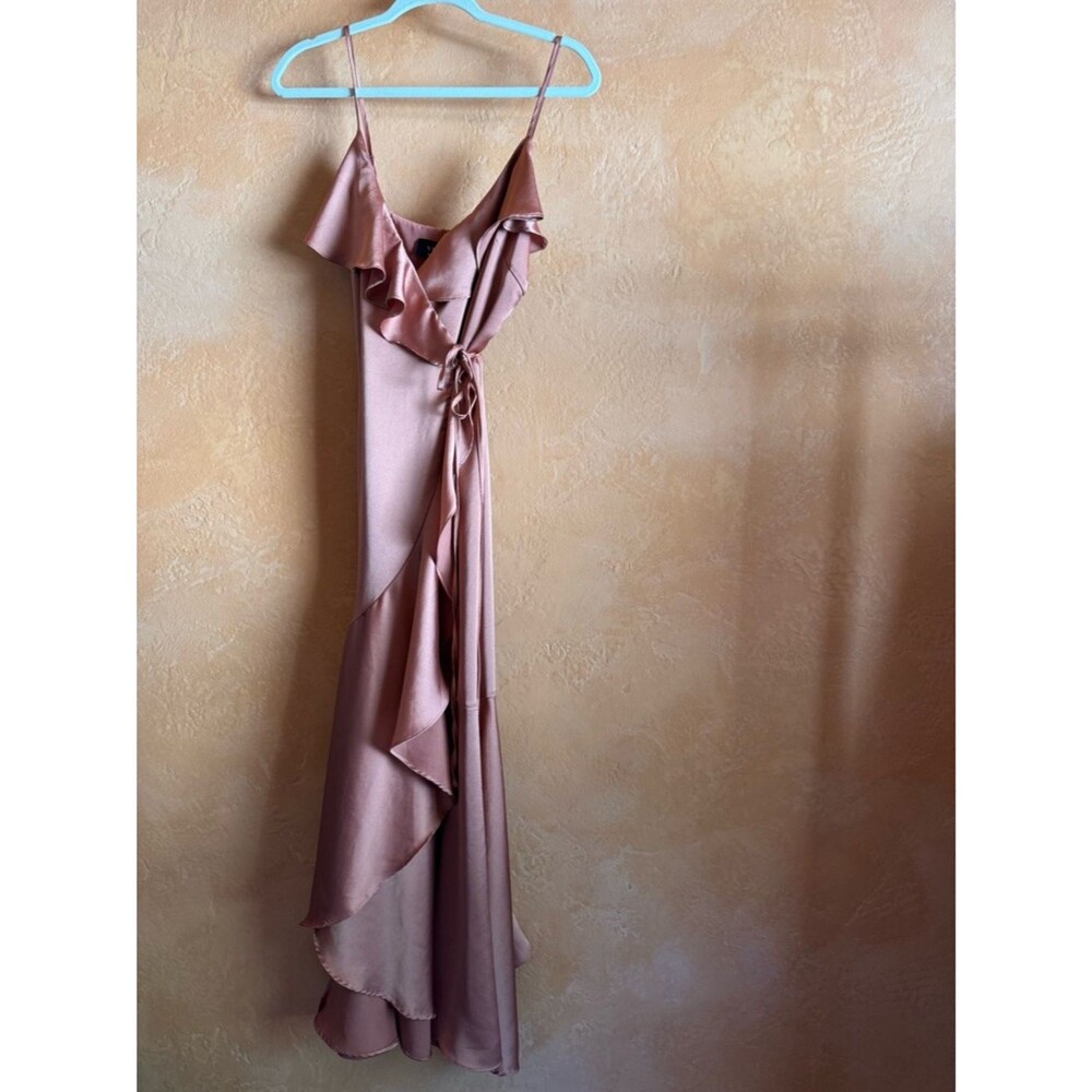 VICI Satin Wrap Midi Dress Ruffle Tie Waist Wedding Guest Flowy